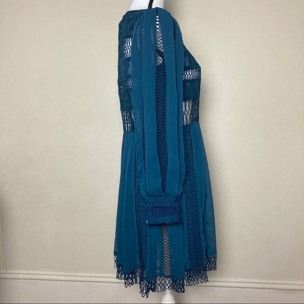 Eri + Ari Teal Chalene Lace Skater Sheer Embroidered Dress Long Sleeve - Picture 7 of 14